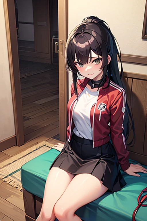 nsfw,suzune horikita, 1girl,1boy,((penis)),,(Red eyes:1.3),locker room,cowboy shot,(Medium chest),Hair Ribbon,naked,(((cowgirl position,girl on top))),Black thigh-high socks,((orgasm,pussy juice)),short hair