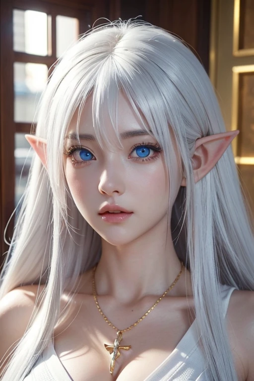 Ultra HD、High resolution、distinct、Elf、Beautiful blue eyes、Silver Bob Cut Hair、Completely naked、White and beautiful skin、Big Breasts、、Small areola、Small nipples、hairless labia、