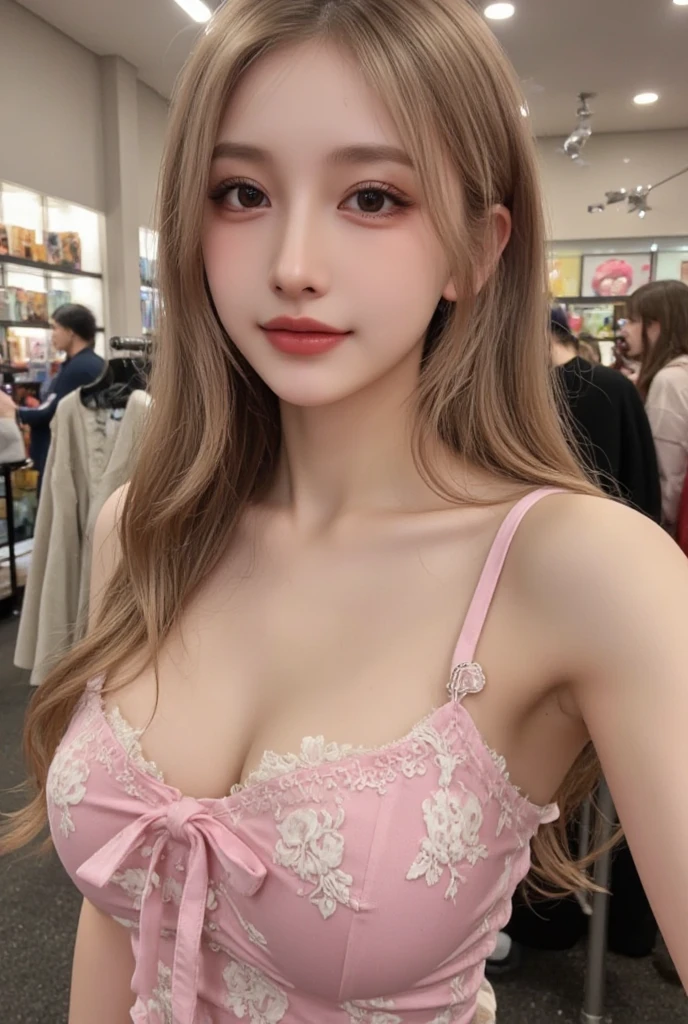 1girl，short skirt，Two piece fashionable outfit ((full body)), ((Elegant posture, Attractive posture)), ((Random shooting angles)), Platinum Blonde Fine Hair、Extra long silky straight hair、Big eyes with bangs and eyeliner、((Visible cleavage))、((E cup)), ((I-type Valley)), Nordic Youth、Perfect body、Very beautiful and cute、White Skin、Smooth and radiant skin、Young and beautiful skin、Perfect beautiful little face、Shiny Makeup、Thin pink lip gloss expression、girl、Lipstick、Deceptive advertising、{Steaming hot}、Audience perspective、Primetime lights、Bokeh atmosphere perspective、Detailed movie lighting、Intricate details、high resolution、 Details of facial design、High Detail、Be focused、Smoothness、aesthetics、Print、Octane Renderer、{{masterpiece}}