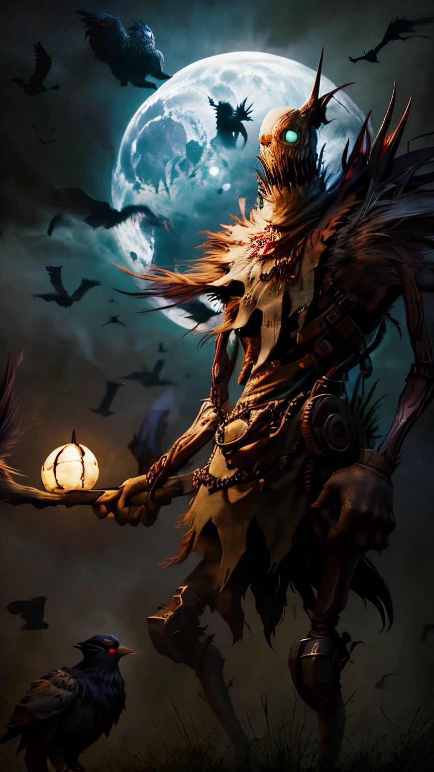 Fiddlesticks (League of legend) lit by the moon, "The timeless horror known as Fiddlesticks roams the borders of mortal civilizations, lured into paranoid regions". Scarecrow surrounded by crows of which he is the only master. High quality, 4k resolution, professional artwork, haunting presence