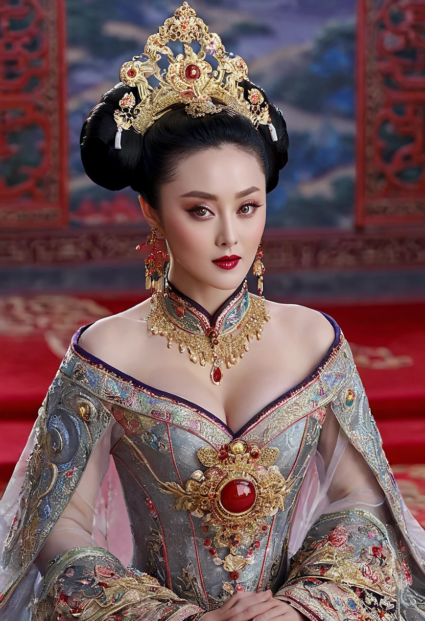From the pre-Qing period, The Empress is naked on the gold sofa in the palace, Her eyes are wide open, Her legs were spread, big naked breasts. At the Chinese court during the Qing Dynasty, Empress of the Qing Dynasty, Empress of China, Wearing a large crown, Belly and thighs visible from below.。She is completely naked, Showing off gorgeous large flowers and hairpins, She tied her hair up and pulled it up, 背景はEmpress of the Qing Dynastyの豪華な宮殿.