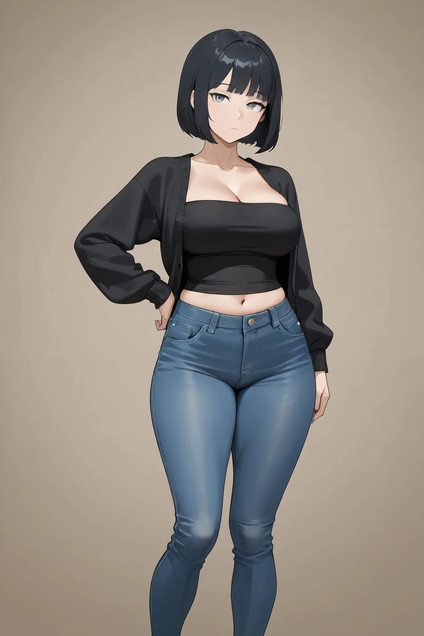1girl, star eye, blush, perfect illumination, unreal engine, sidelighting, detailed face, bangs, bright skin, a view of an adult woman wearing a wearing denim shorts and a orange tank, big breast, solo, smile, orange hair, short hair, shirt, shorts, full body, crop top, looking at viewer, muscular arms, hands down, black over-the-knee socks, standing, legs and feet are also visible, brown eyes, tall, full body, field, low grass,