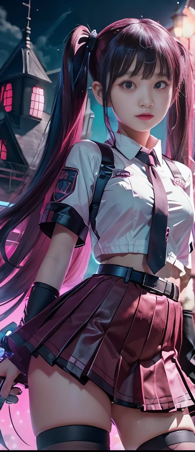 Pure Cyberpunk Idol Girl(pigtails)、A pure girl's face、 hypo、 pleated miniskirt uniform(Fluorescent Red、SHIRT WITH TIE、vampire belt、Glowing bat chainsaw、Resplendent Haunted House