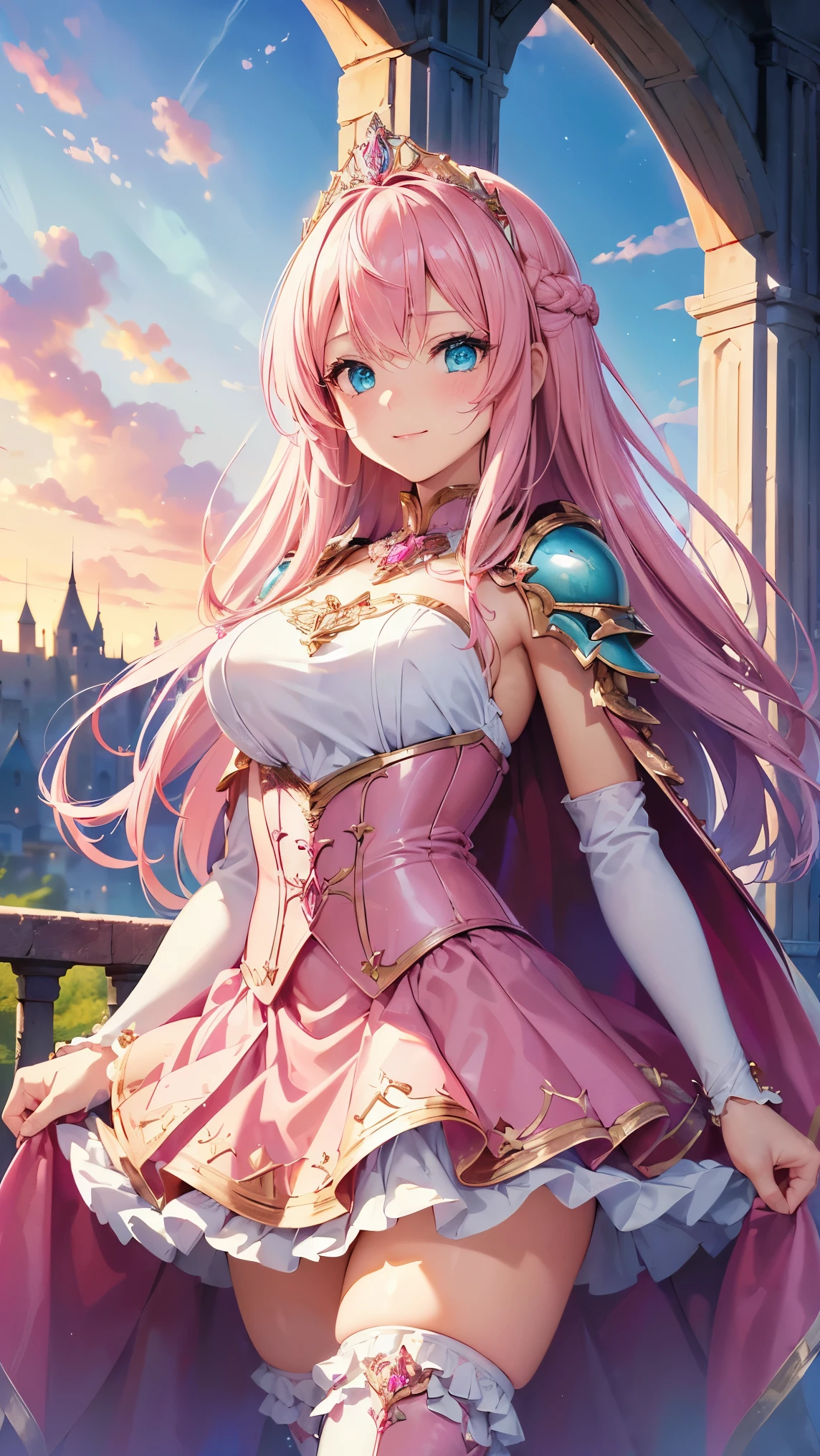 Masterpiece, Best Quality, 1girl, armor, armored boots, armored dress, bangs, blonde hair, blue eyes, boots, breasts, cleavage, covered navel, day, dress, full body, greaves, long hair, looking at viewer, perfect body, perfect breasts, outdoors, pauldrons, pink dress, pink footwear, ponytail, purple eyes, shoulder armor, showgirl skirt, sidelocks, solo, standing, tiara