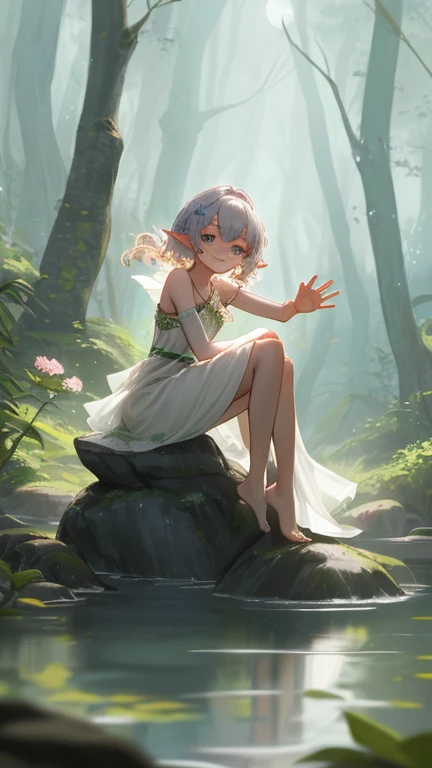 1girl, ((moth antennae)), solo, ((moth)), ((arthropod girl)), ((moth wings)), medium hair, difficult design, jungle style, fashion, monster girl, summer clothes, water effect, green plants, jungle, nature, scenery, ((official art)), ((concept art)), ((reference)), ((multiple pictures)), ((chibi)), white background