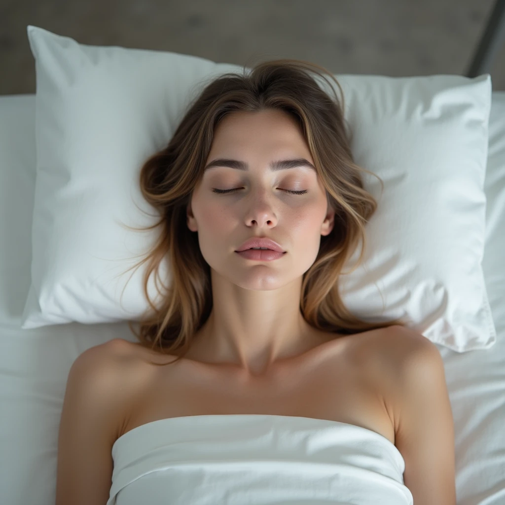 Top View of Beautiful Young Woman Sleeping Cozily on a Bed in His Bedroom at Night.