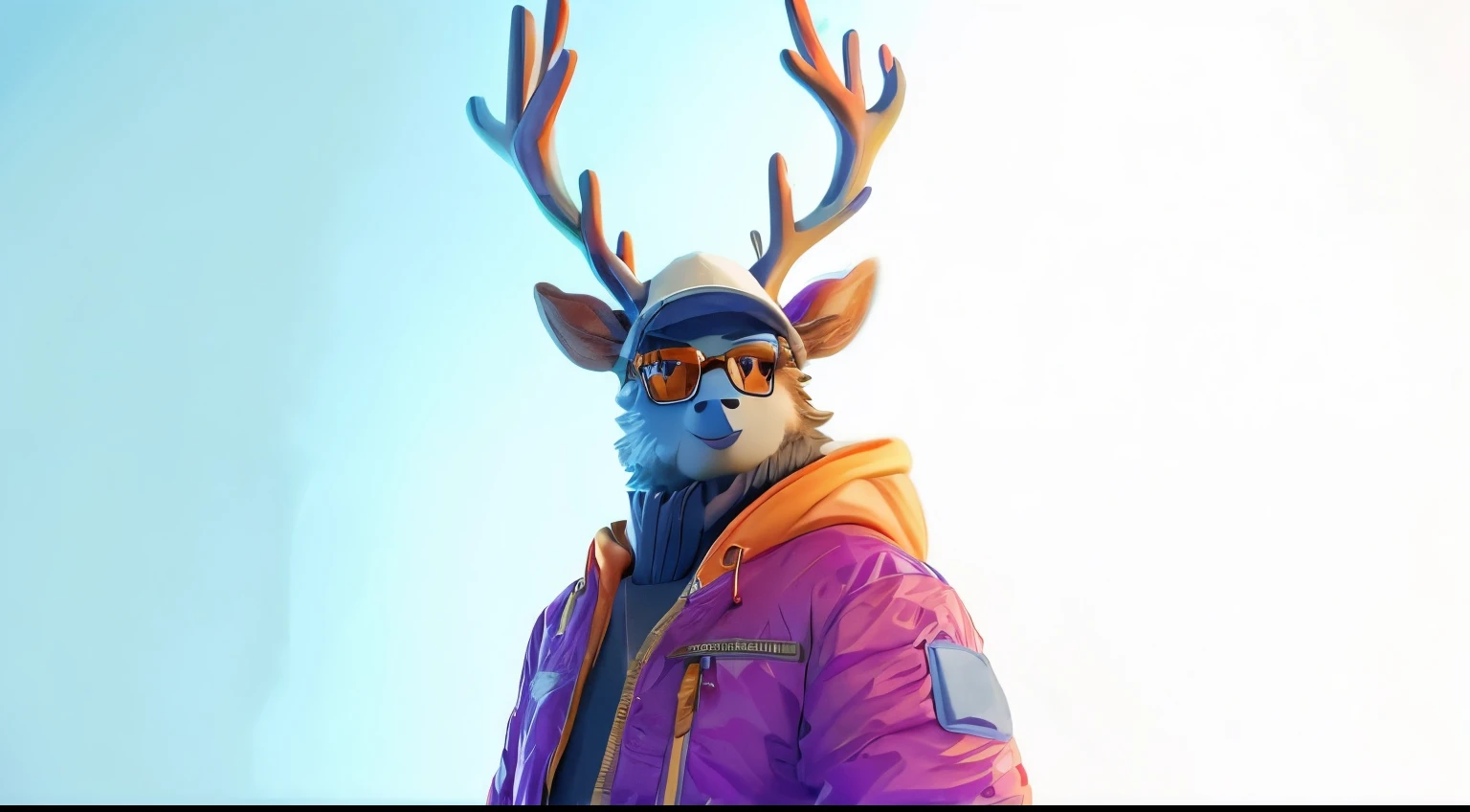 With an anthropomorphic deer as the core,wearing a stylish hat and glasses,blue fur and striking antlers reinforce their personality。wearing a purple and orange contrast down jacket,, vivid color contrast ,Full of visual impact