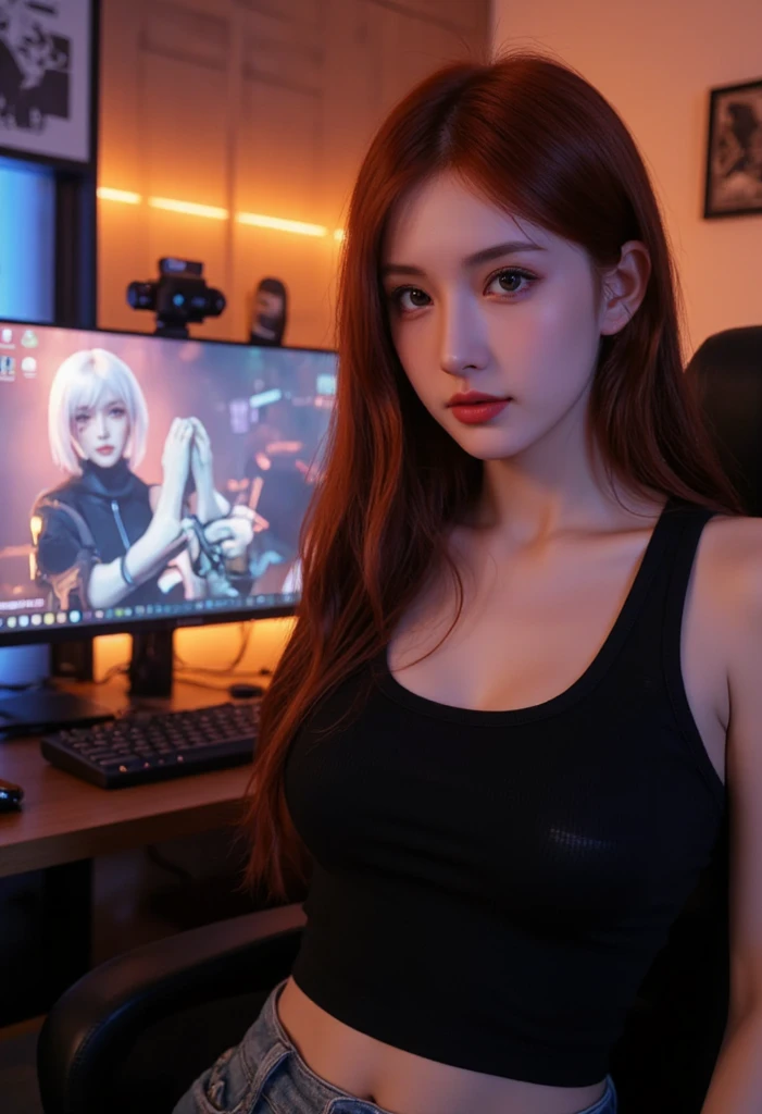 ((best quality)), ((masterpiece)), (detailed), (((perfect face))), beautyful face, hot curvy asian girl, (((there is a gamer room in the background))), ((big boobs)), ((black and red latex cyber ninja dress)), ((her clothes are very torn in several places)), (((detailed face))), ((black and red latex lingerie)), (((detailed eyes))), perfect body, ((good anatomy)), (((big tits))), (((black red long hair))), (her eyes are covered by a black carbon VR Gaming Headset), (big boobs), ((visible push up boobs)), ((blonde hair))
