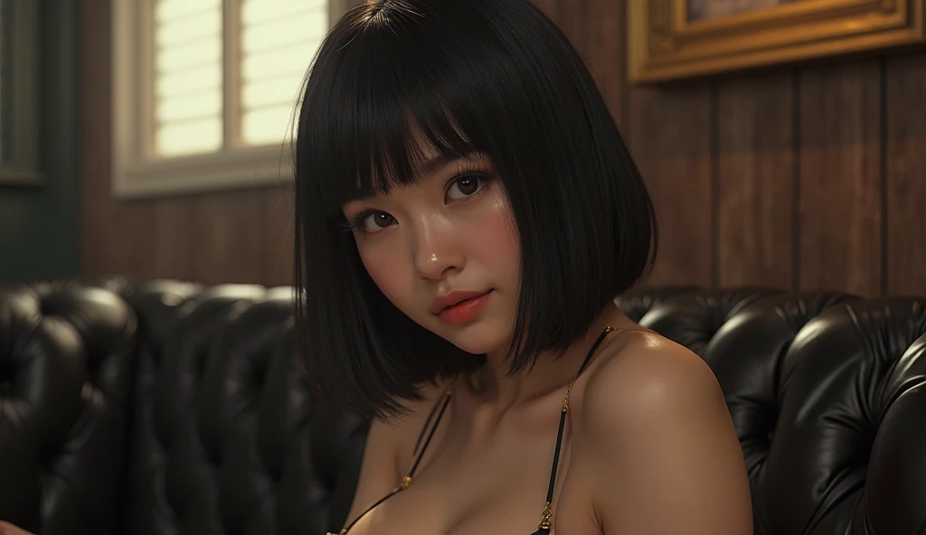 masterpiece, absurdres, best quality, newest, ambient lighting, very aesthetic, , ultrahd, high contrast, realistic, 1girl, asian, japanese, realistic , portrait, school girl ,black-hair, hime haircut, beautiful brown eyes, large breasts, absolute_cleavage, green sweater, high heels, blurred background