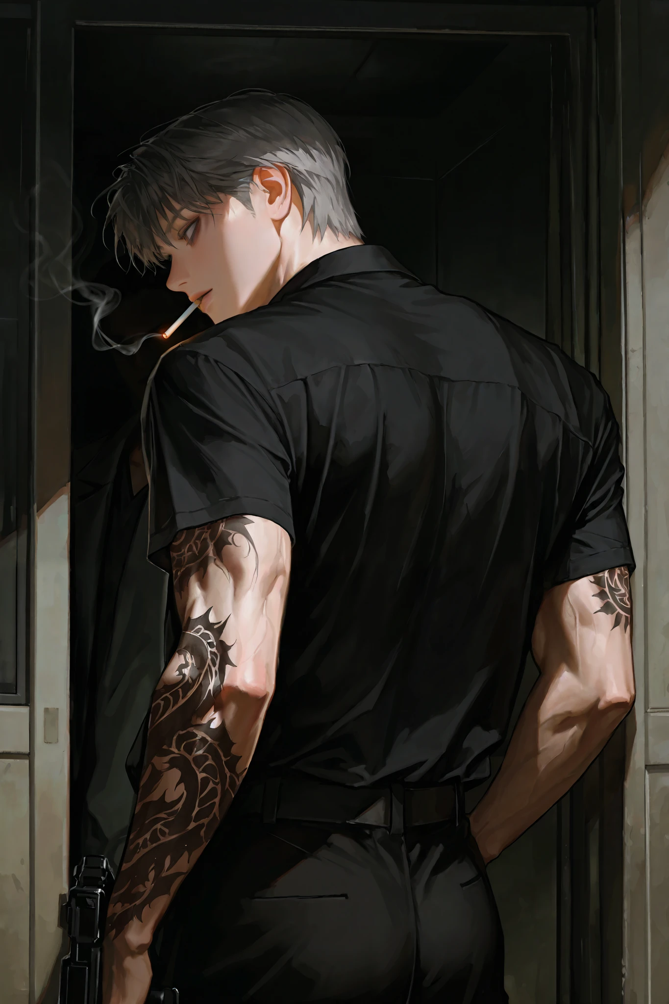 middle-aged man whose mother is, handsome, lie, dark hair, Man with gun, Dark circles under the eyes , short hair, Male-centered, handsome man, thick paint , Korean comic style , semi-realistic art , semi-realistic art style, expressive brushstrokes, vibrant brushstrokes, impressionist painting , realistic skin , realistic的头发 , realistic的细节 , realistic, high detail, The man's head turned back, gray hair, biceps , Nearby , Gangster Tattoo, black shirt, office, Dark , heavy body , Major, Dark 공간, alone, alone, front view, cigarette