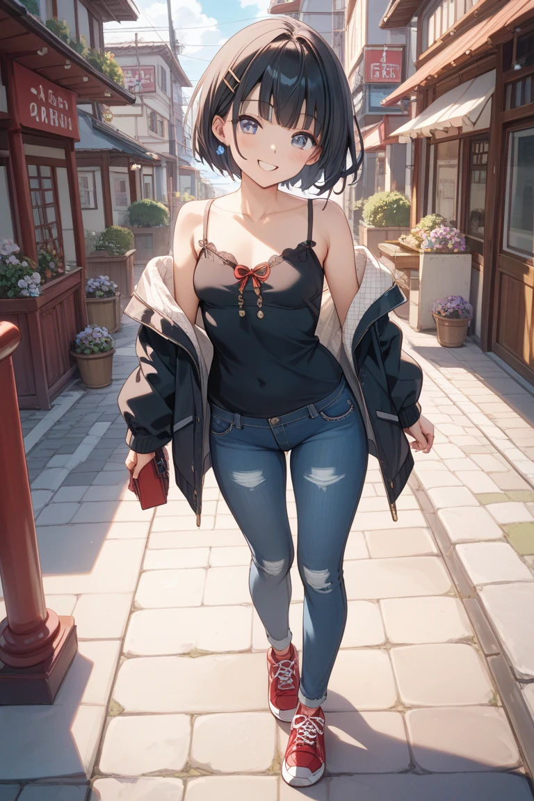 最high quality、Best image quality、masterpiece、girl((18-year-old、 By becoming、Best Bust、Medium Bust,Wide open breast tea、Red glowing eyes,Black Hair、Red Mesh、Disheveled Hair、Lointail、thin,The highest valley、Open chest、Luminous Wristbands、hair ornaments、Show the whole body,Black short sleeve T-shirt、Wear a shoulder bag、Short denim trousers、Leaning forward、smile、Disheveled,Selfish pose、Pouting,No bra)),high quality、Beautiful art、background((Large shopping malls))、Flight、Flying debris、Written boundary depth、movie、Visual Arts、Perfect art、8K,Genuine,
