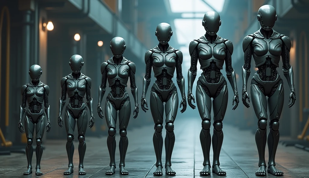 A giant humanood robot holds in his left hand two cadavers of men, on the left quarter of a green screen