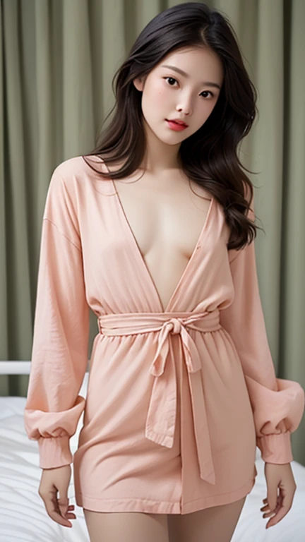 ((photorealistic lighting, Top  Quality, 8K, ​masterpiece: 1.3)), Clear Focus: 1.2, 1人の女性, Perfect Body Beauty: 1.4, Slim Abs: 1.1, ((Dark-brown hair, larger: 1.3)), (Accelerate: 1.4), (plein air, natta: 1.1), bed, Ultra Slender Face, Fair eyes, Double eyelidd, Exposed valley absurdity, Unbelievably absurd, Messy hair, Floating head,Pajamas,slip,sofa,Thin pajama gown,Colorful gowns