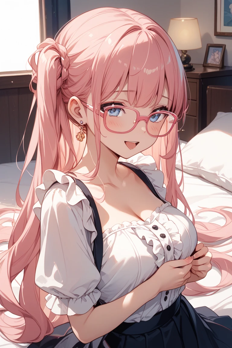 anime girl with pink hair, Aegyo-sal, eyebags, wearing glasses, makeup, blush, blush nose, glitter makeup on eyes, perfect anime face, semi - realistic anime, detailed anime soft face, sleeping mask on head, holding coffee cup, gigantic tits