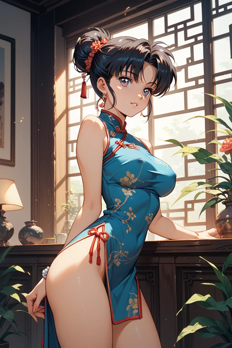 (Beautiful Chinese woman,1 girl,qipao dress:1.7,Extremely detailed,Incredibly beautiful,Porcelain skin,short hair,Big ,Slim waist,Big buttocks,pornography,Reality,Ultra Detailed,8K,Best quality,high resolution,Movie Lighting,Intricate details,masterpiece)