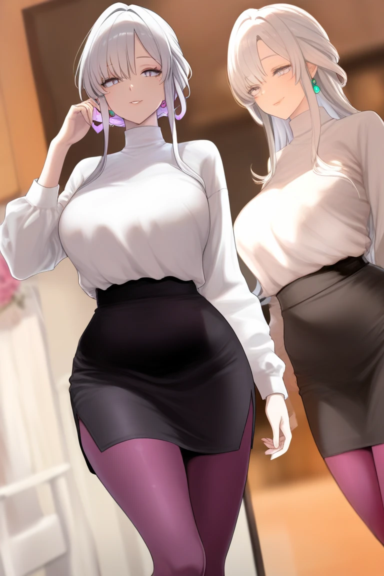 Detailed image, realistic image, coherent image, 1 elf, long ash-colored hair, yellow eyes, oval face, long eyelashes. She is wearing off shoulder sweater, belted mini skirt, sneakers, small breasts, curvy body, sexy pose, black background, snowflake