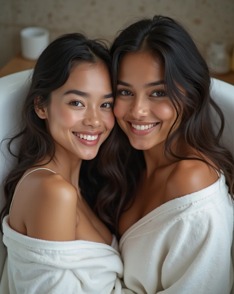 A 16-year-old, 50-kilo Brazilian woman with long, dark straight hair and wearing a towel covering her entire body, in a towel lying on a white bed with her friend next to her, full body background room looking forward