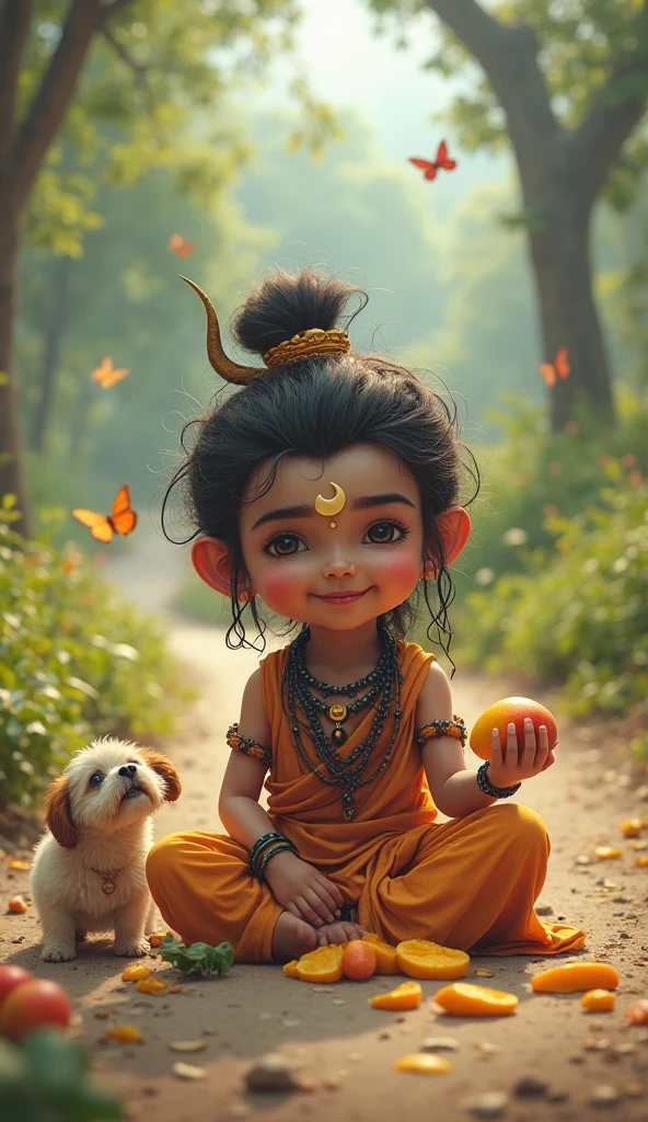 (photorealism:1.2), beautiful kid, sitting on treeside, wearing Krishna costume, surwal, medium curly hair,  soft lighting, plants and beautiful village in background, sunlight,innocent look, realistic, intricate details, warm colors,flute in left hand,curd in right hand,eating curd,look like a god Krishna,monkeys in background monkeys on tree 
