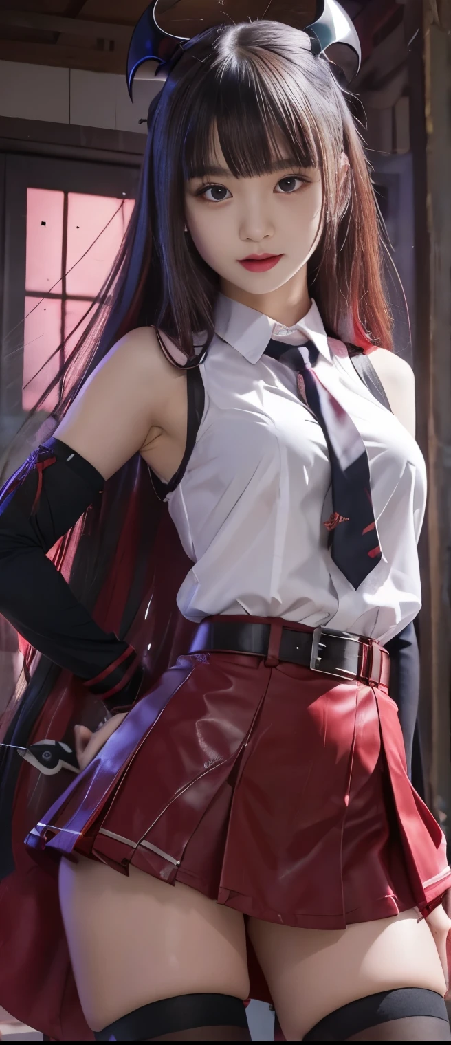 cool nightmare idol girl、A pure girl's face、 hypo、 red miniskirt uniform that's giving a cool kick、SHIRT WITH TIE(Sleeveless)、vampire belt、Glowing bat chainsaw、Resplendent Haunted House