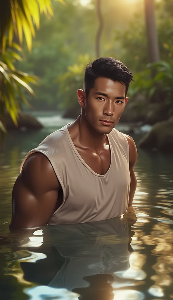 photorealistic, shirtless muscular man, sinks in a mud pit down to his shoulders,
