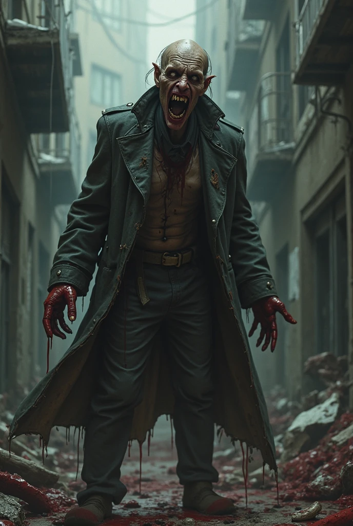 A man with an aged appearance but a young physique with a deformed face and a closed black overcoat, face full of scars and burns caused by a fire surviving in a zombie apocalypse, his face has several deformities, also including burn marks, marks of injuries caused by fire on the face, like melted skin and a big cut in the mouth, has a large mark of burned skin on his face