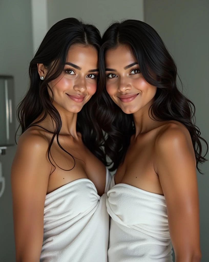 ((Beautiful) attractive cute:2 young women), very_cute, choker,(big breasts:1.5), (small_nose:1.2, thin_nose:1.5, delicate_nose:1.5, pointed_nose_tip:1.5, symmetric_nose), round_chin:1, short_jaw:1, round_jaw:1, long bob_cut_hair, (dark_hair:1.5), (brown_eyes:1.5, mahogany_brown_eyes:1), cheek_dimples:1.3, round_cheeks:1.2, (very_small_eyebrows:1.5), (Masterpiece, 8K, best quality, highres:1.5), looking_at_viewer:1.5, body_looking_at_viewer:1.5, white_photoshoot:1, white_room:1, white_backdrop:1.5, standing, neutral_body_posture:1.5, neutral_facial_expression, wearing white_straplesini_dress), skin_texture:1.2