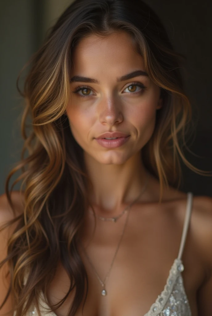 1 girl in, edad19, alone, by the wide, feminine attributes, looking at the viewer, Brown hair, tank top, clear honey eyes, joya, Whole body, a necklace, , realist, a sexy one, cara natural, Natural beauty, Whole body, realistic photo, natural background,