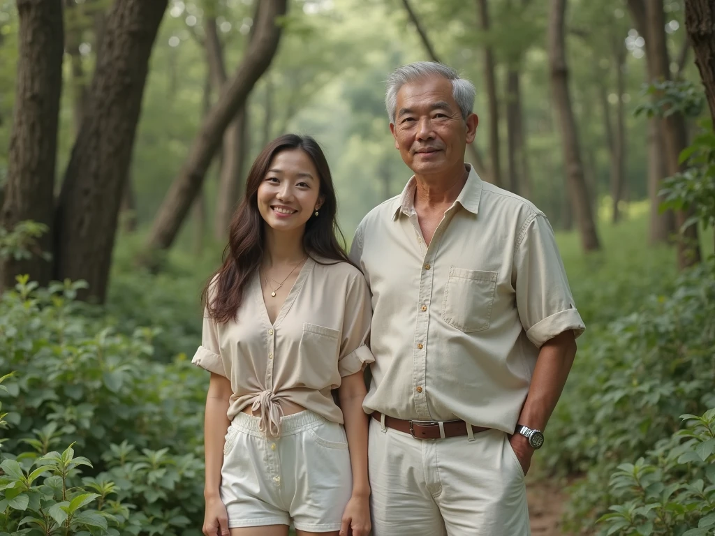 A Korean man with a six-pack abs, naked, bathing and hugging an old woman in the middle of the forest.
