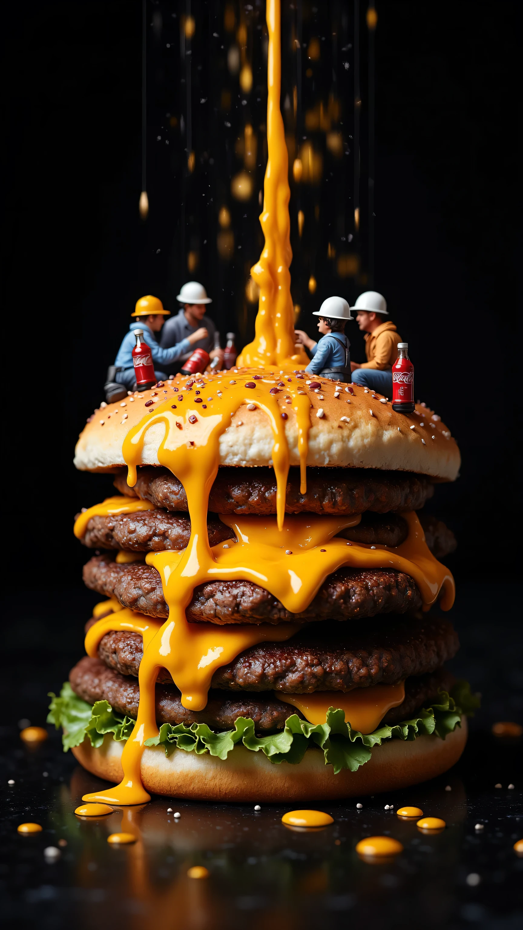 Ultra-detailed macro cosmos, a colossal hamburger flowing with molten cheese waterfalls and shimmering stardust sesame seeds dominates the visual core, tower-crane-style sauce machinery erupts magma-like cheese rivers onto the beef patty, legions of micro hard-hat workers seated on burger layers, grounded platforms, and condiment scaffolding gleefully clutch Coca-Cola bottles while sipping with laughter, 8K hyper-real food architecture radiating liquid-gold grease luminescence, surreal burger construction site pulsating with hissing geothermal steam columns