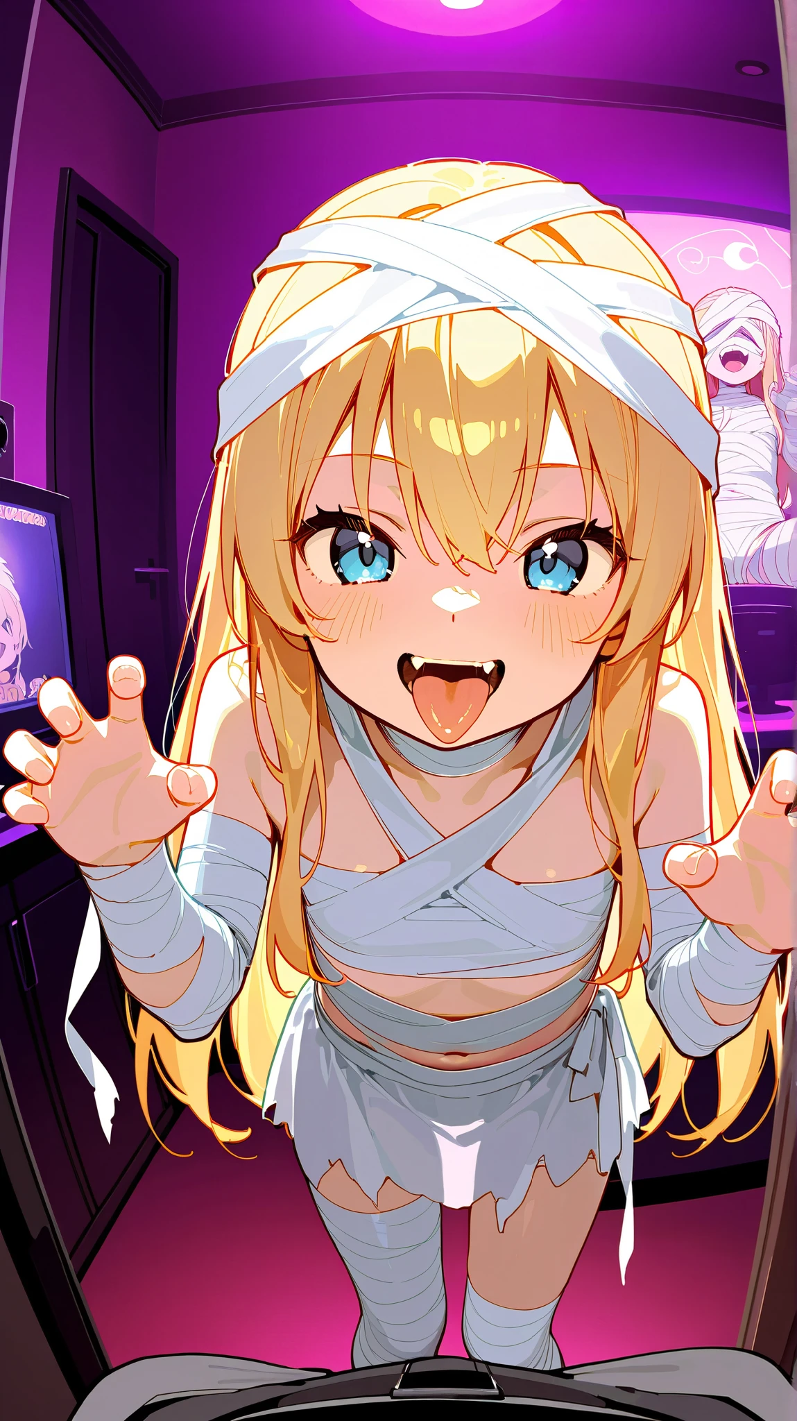 (masterpiece, best quality), ultra detailed, BREAK, 1girl, loli, blonde long hair, karaoke room, halloween, clothed mummy_costume, bandages, smile, open mouth, fangs, claw pose, tongue out,
