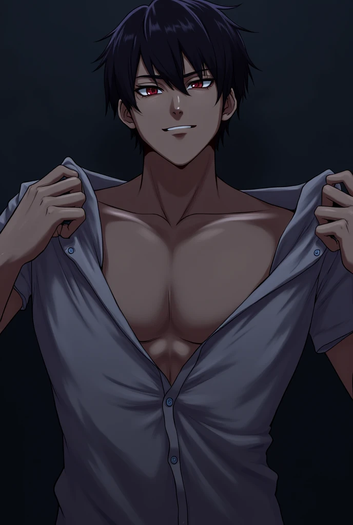 (masterpiece, High resolution, Super detailed:1.0), (1 boy, Adult male, Masculine and handsome face), perfect male body, tall and strong, Exquisite eyes and exquisite face, Extremely detailed CG, unified 8k wallpaper, intricate details, Detailed face, (Aqua blue eyes, black hair, messy hair, half open white shirt, Black suit pants, half unbuttoned belt), (Raise eyebrows, Evil smile:1.3), Against the light black wall, relaxed and casual attitude, Chromatic Aberration, dramatic shadow, Ray tracing, best quality, movie lighting