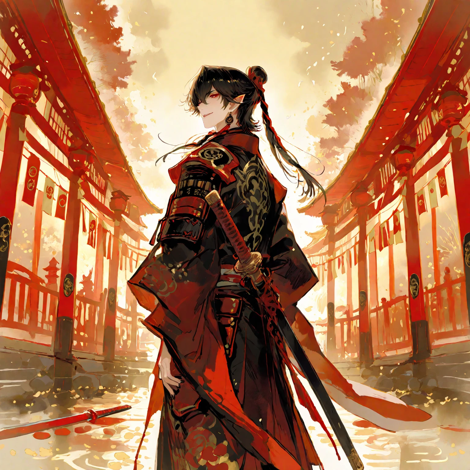 “High resolution, best quality, masterpiece, Ultra Fine, very detailed, beauty. digital art style. he is a handsome young adult male character. he has short black hair and eyes mixed red and gold, he has slightly pointed pixie ears with braided earrings. He is pale、he is tall and has a thin macho physique. he has a challenging smile and peeking just a little bit out of his slightly open lips. his nails are slightly long and have black polish on his hands、his clothes are unique and look like a mix of kimono and Japanese armor. He looks up from his lower back and looks at me at Jin Wang standing It's there. He holds a beautiful Japanese sword. He has a mysterious charm. Japanese-style fantasy with an overall strange atmosphere. The background is a Japanese castle and multiple flags. Focus on the character. he is alone and there are no other characters.”