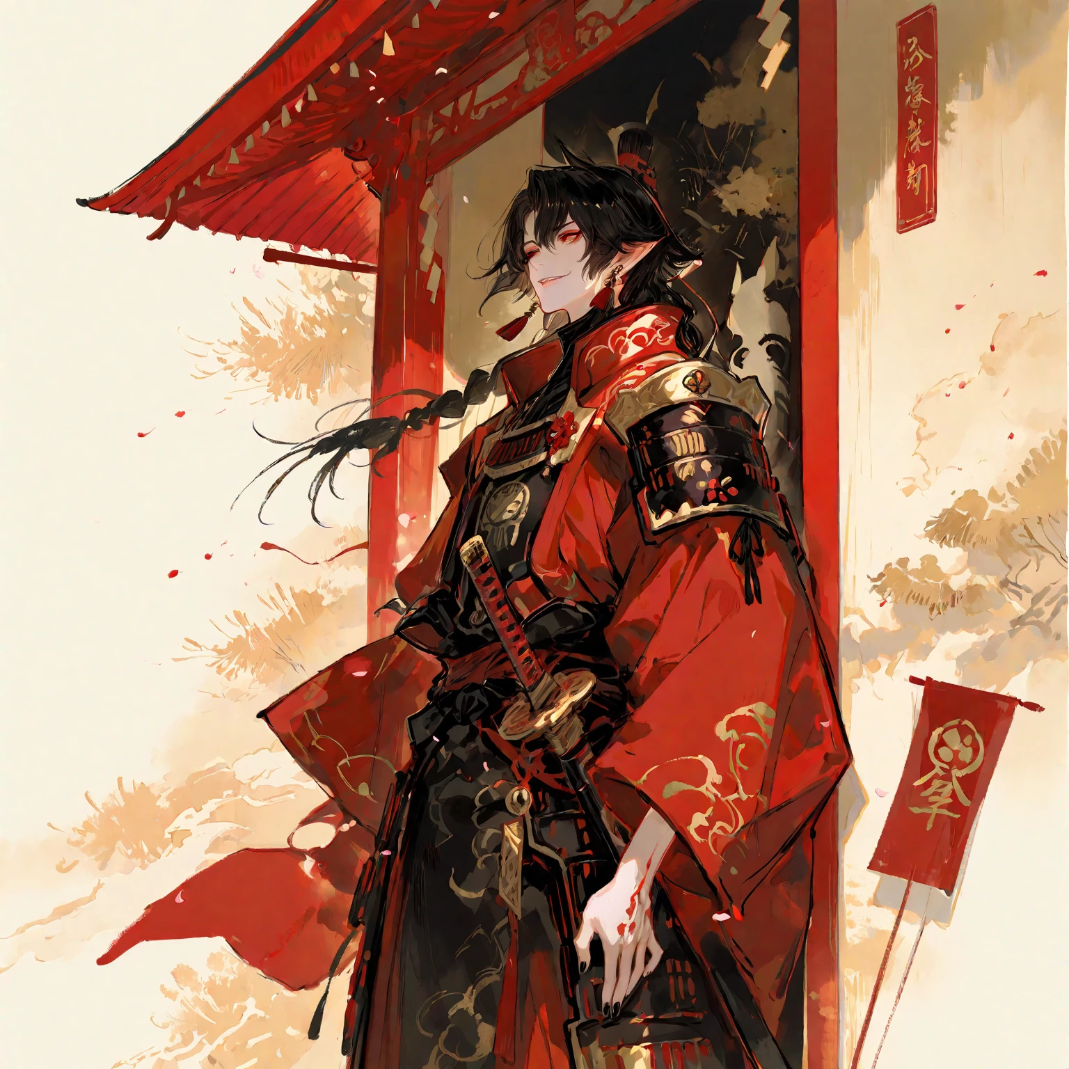 “High resolution, best quality, masterpiece, Ultra Fine, very detailed, beauty. digital art style. he is a handsome young adult male character. he has short black hair and eyes mixed red and gold, he has slightly pointed pixie ears with braided earrings. He is pale、he is tall and has a thin macho physique. he has a challenging smile and peeking just a little bit out of his slightly open lips. his nails are slightly long and have black polish on his hands、his clothes are unique and look like a mix of kimono and Japanese armor. He looks up from his lower back and looks at me at Jin Wang standing It's there. He holds a beautiful Japanese sword. He has a mysterious charm. Japanese-style fantasy with an overall strange atmosphere. The background is a Japanese castle and multiple flags. Focus on the character. he is alone and there are no other characters.”