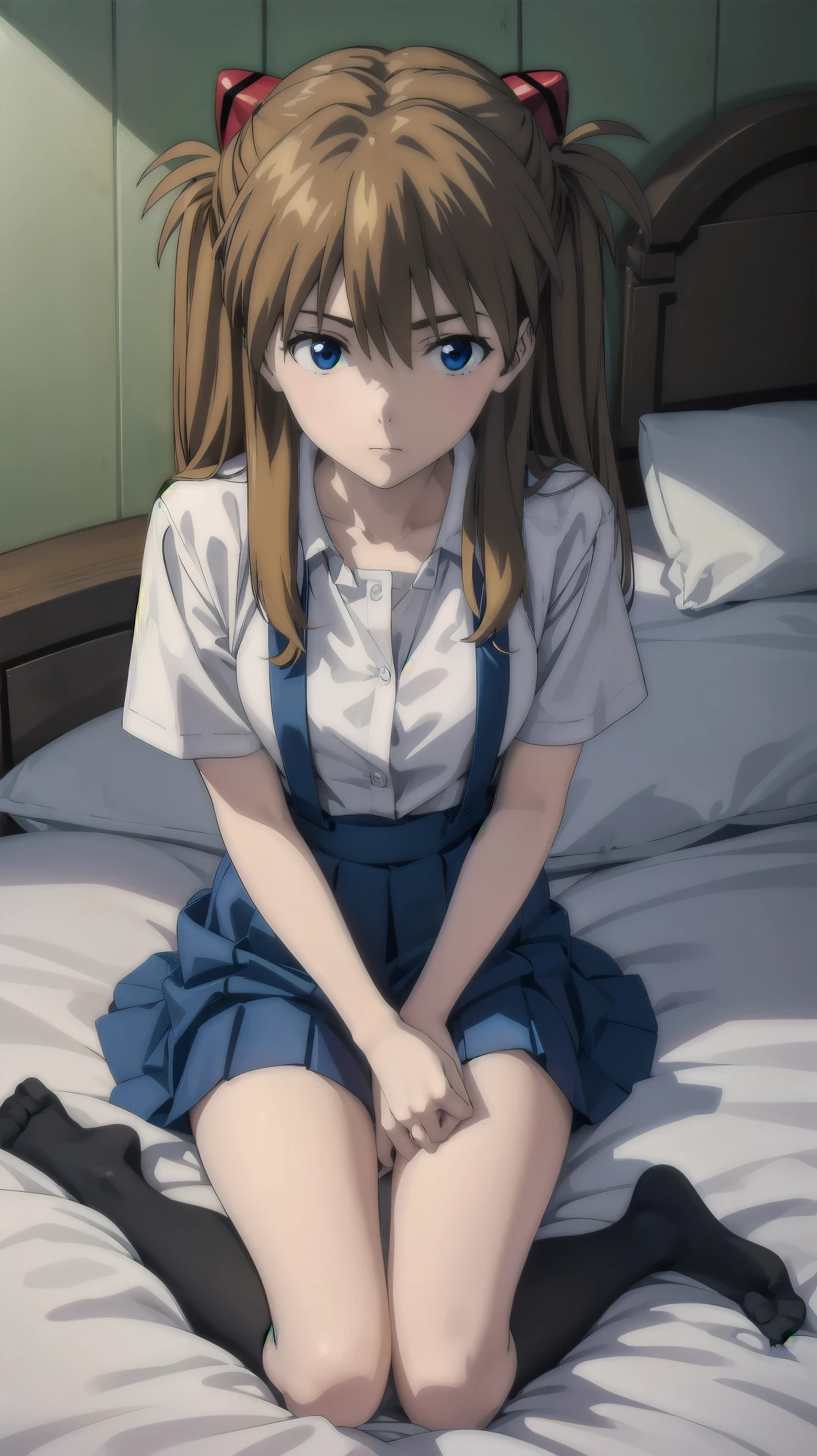 (((Pixel Perfect, Perfect detail))), One Girl, alone, From above, Asuka Langley Soryu, (Soryu Asuka Langley:1.2), Long Hair, bangs, blue eyes, Brown Hair, hair ornaments, skirt, shirt, ribbon, , white shirt, Short sleeve, blue skirt, suspenders, clock, suspender skirt, wristclock, Tokyo 3 Middle , (Lying in bed:1.3), (showing panties:1.3), indoor, whole body