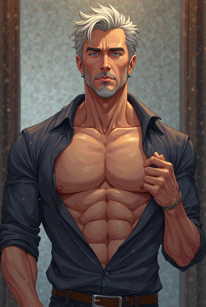 Highly detailed paintings, portraits, works of William-Adolf Bouguereau, Finnish Tom, Gaston Bussier, Alfons March, ethereal, poetic pastoral. Handsome Magazine! Beard, short hair, small head and tall man, wearing a black and gray open suit, open white shirt!!! ( 8K, masterpiece, best quality, high resolution, super detail) elegant! Fashion background!! HD, 8k, thin and tall! Muscled, chest hair, hairy chest muscles! Smirk, masterpiece, best quality, high resolution, detailed background, strong body, very, male, he is about 40 years old, strong and handsome, muscular tissue, too many muscles, chest muscles! Detailed background, best quality, masterpiece, (muscle: 1.5), (white hair: 1.5)
