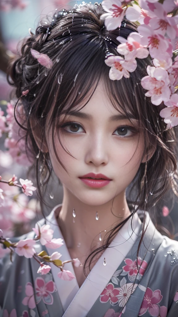 (32K, BEST QUALITY, masterpiece, photorealistic, super high resolution), ((Sakura Fubuki, Big Cherry Blossom Tree)), Highly Detailed Skin and Face Textures:1.3, perfect dynamic composition:1.4, (the night before a shrine in a modern city, Expressions of sadness:0.8, tears are flowing, Crying heart aching heart:1.0), slim woman, white skin, Water droplets on skin, Rain drips all over my body, wet body, wet hair,  beauty, perfect style, beautiful and aesthetic, very pretty face:1.0, (Wearing a professional kimono, Holding a bouquet of wet cherry blossoms, Wet Light Purple Kimono), medium ,   gap, (Beautiful  eyes:0.8, Overly sensual:0.8, enchanting:0.8), earrings, wedding ring