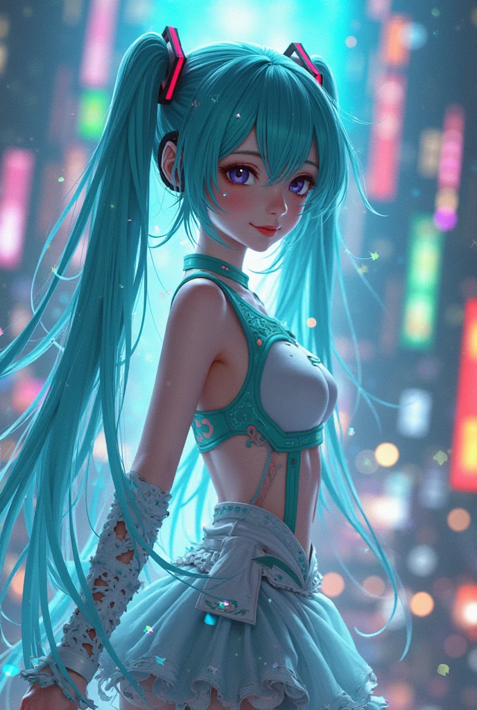 1 person, solo, (full body), photorealistic, super fine illustration, beautiful charming anime girl, super detailed, smile, beautiful blue eyes, beautiful proportions, Hatsune Miku, slender, gentle expression, seductive anime girl, (live stage), erotic idol costume, ahoge,