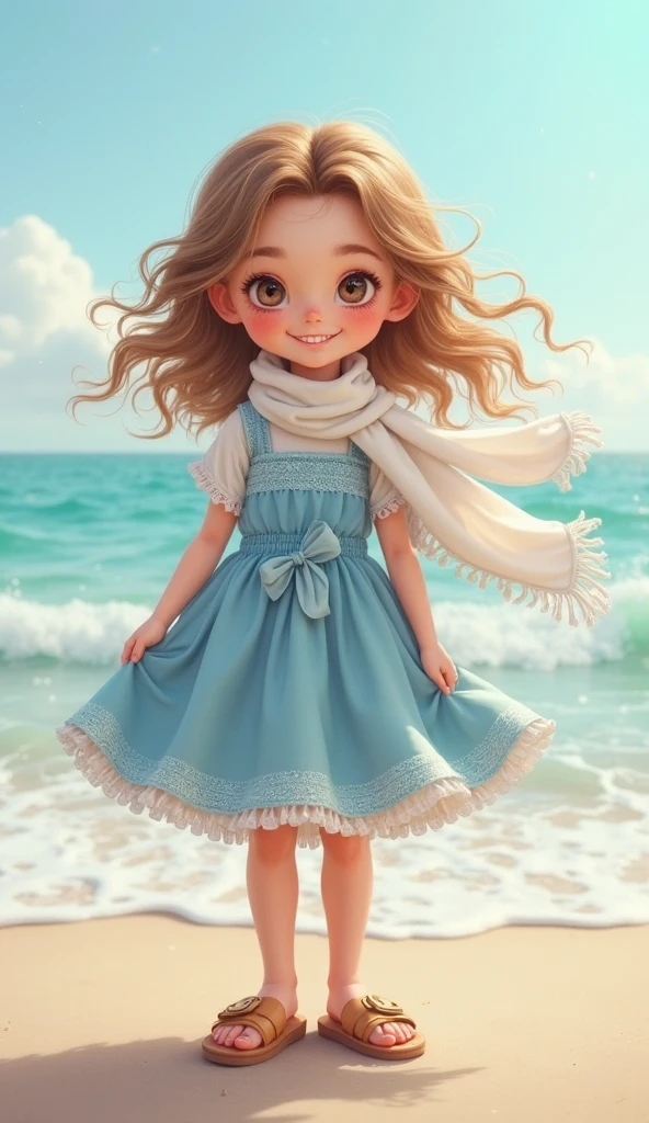 a white child, On the beach with curly hair down to my butt, half tied up with a blue ribbon., in blue dress 
