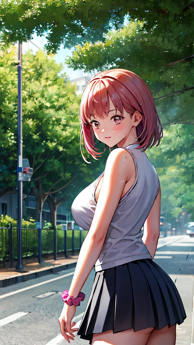 yuiyuigahama, yui yuigahama, short hair, (Brown eyes:1.5), (Pink Hair:1.2), Hair Bun, single Hair Bun, smile, (Big Breasts:1.2),happy smile, smile, Open your mouth,
, Sleeveless pink dress,Pink long skirt,Cute Sandals,walking,Real Summer,Daytime,sunny,whole bodyがイラストの中に入っていくように,
break outdoors ,School　School building,　　　　　　　　　　　　　　　break looking at viewer, whole body,
break (masterpiece:1.2), highest quality, High resolution, unity 8k wallpaper, (shape:0.8), (Beautiful and beautiful eyes:1.6), Highly detailed face, Perfect lighting, Highly detailed CG, (Perfect hands, Perfect Anatomy),