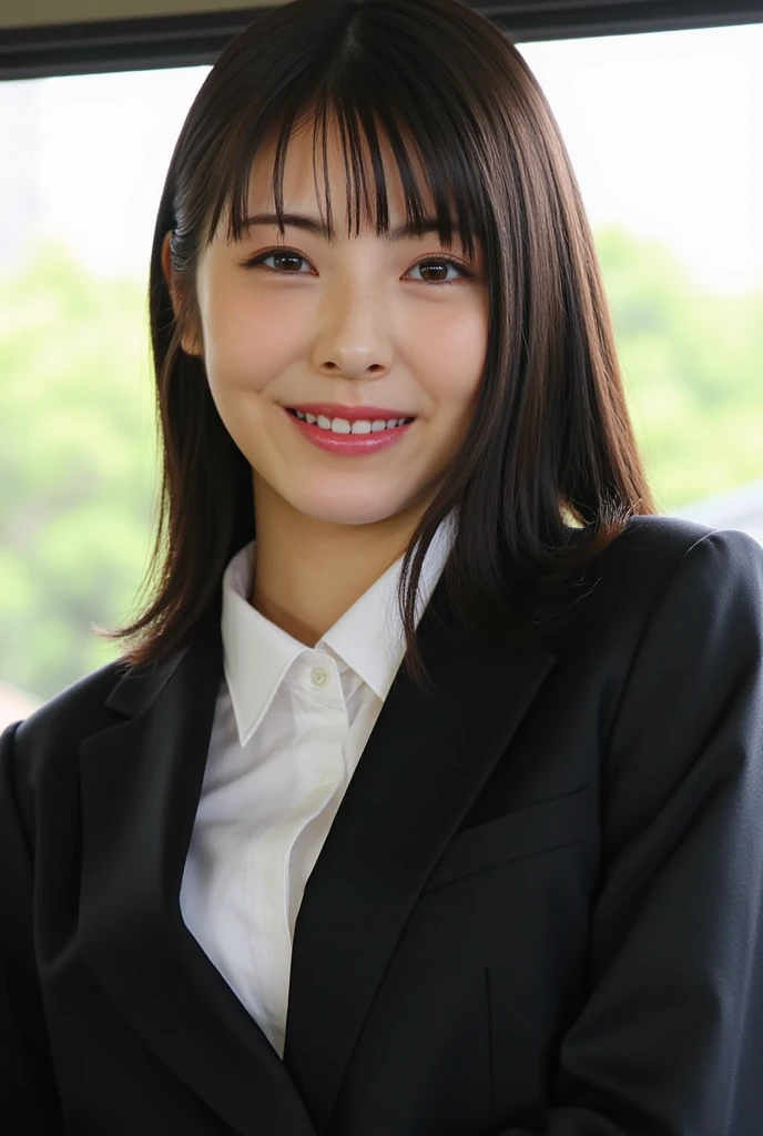 (8k, RAW photo, ultra high resolution, highest quality, masterpiece:1.2), (realistic illustration), (Highly detailed CG Unity 8k wallpaper), disorganized,
1 girl,35,beautiful face,medium breasts,medium black hair,smile,tilt your head,grin and laugh,Upper body,slim fit pants,navy tailored jacket,office,Upper body、Nogizaka Idol、officeレディ