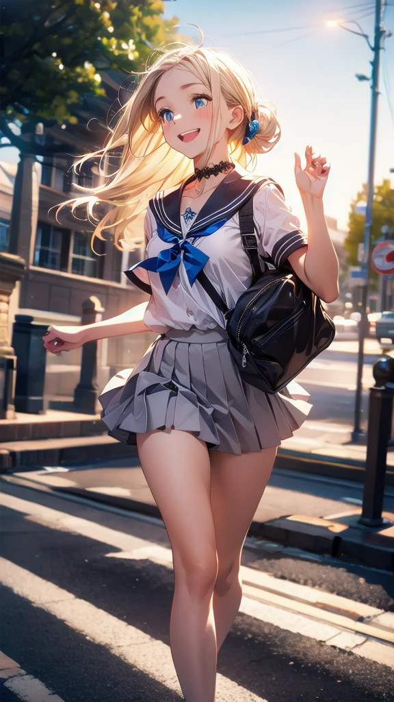 8k high quality detailed,highres,anime,comic,detailed image,
(an illustration of a teenage girl posing,(an illustration of girl,teenage girl)),(magazine_illustration),(, style of Gil Elvgren),
(, nonomi,1girl,long hair,blonde|gray hair,id card,single hair bun,large breasts),(Qualifier Smile),detailed_face,
((Balancing on a fence or railing, arms outstretched, showcasing confidence and fearlessness,):0.8),
((, suwwer_schooluniform,bow, school uniform, white shirt, short sleeves, pleated skirt, collared shirt, black footwear, plaid, plaid skirt, white socks, loafers, shirt tucked in, green bowtie):0.85),(,realistic clothing texture,realistic_skin_texture),<lora:tbh149-:0.6>,<lora:izayoiNonomiV1:0.7>,<lora:summer_schooluniform:0.45>,<lora:more_details:0.2>