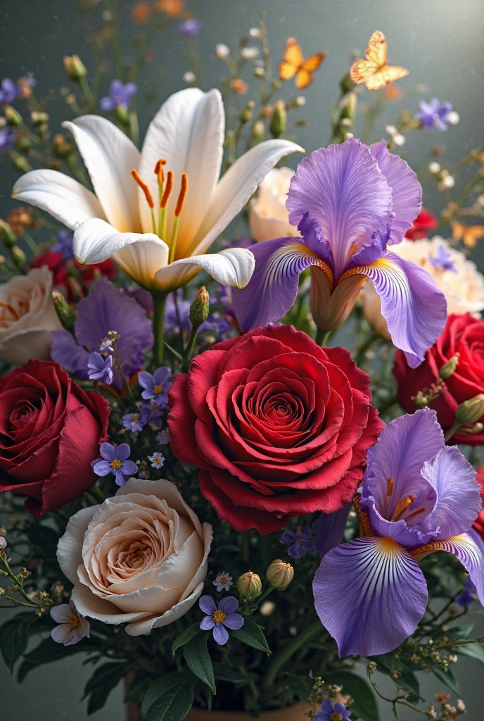 A bouquet of red roses, purple, White, Blue