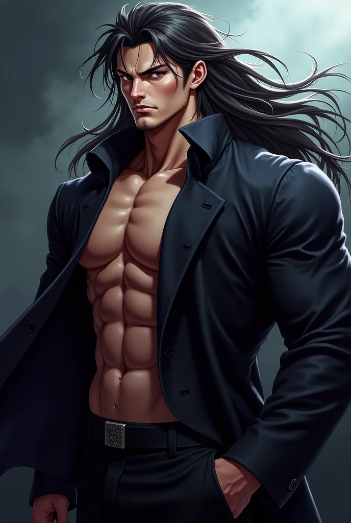 Handsome male, long black hair, straight long hair, grey eyes, bushy brows, smirk, arrogant expression, detailed body, detailed hands, 5 fingers, red shirt, black pants