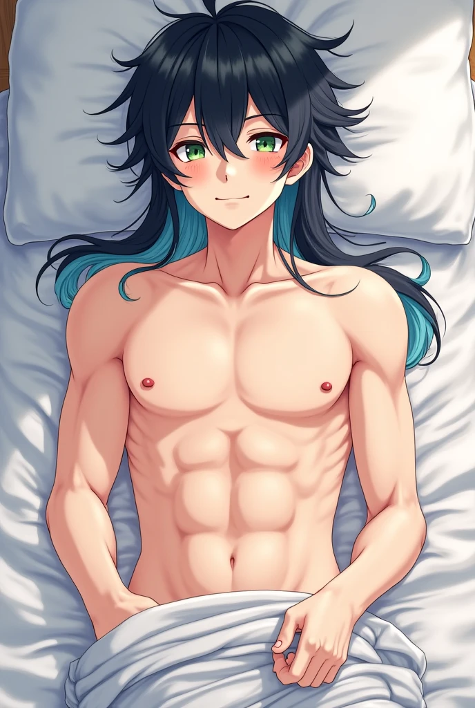 (saint seiya), 1 male, effeminate, shun in bed with armor bottom only, naked flat chest, toned abs, arms UP, armipt