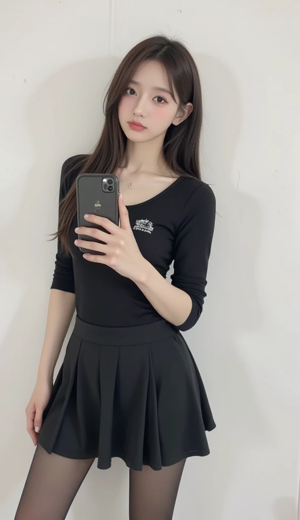 Korean with long red hair, No blouse, Black Skirt, Selfie