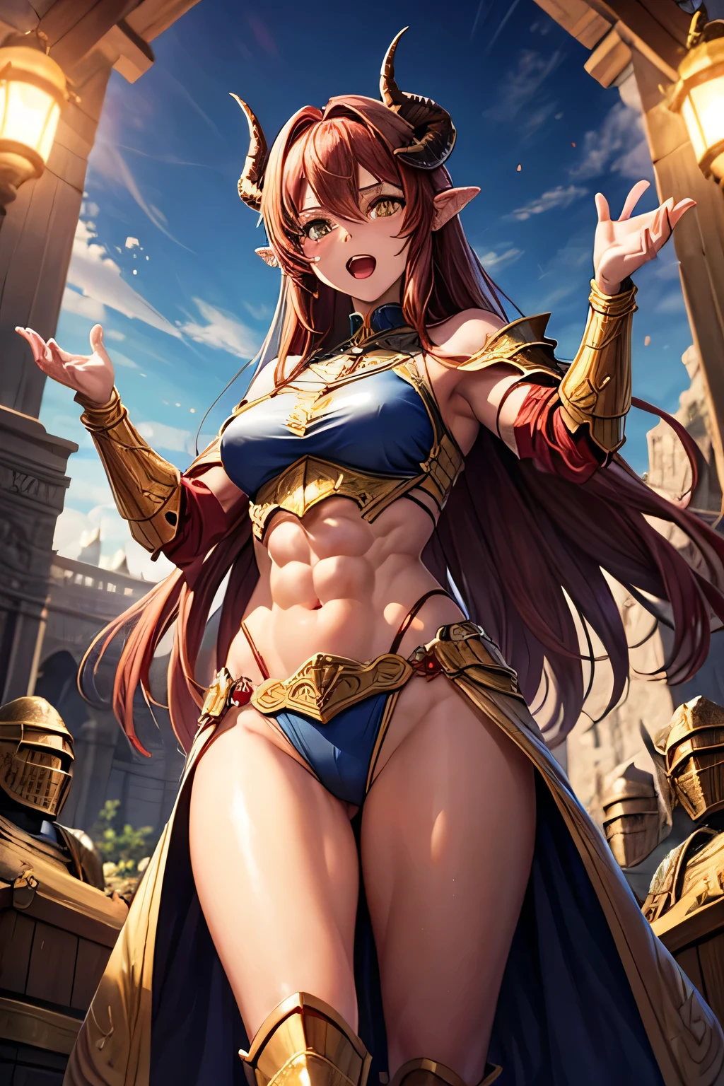 extremely long hair, ponytail, perfect anatomy 1 girl tall solo, slim thick, ((muscular)) high elf toned body, golden breast plate, golden cape, slender abs, hourglass waist, detailed face, defined cheekbones, puffy lips, goldengauntlets, gold crown, shadow over eyes, looking at viewer, masterpiece, white thigh highs lingerie, lustful smirking smile face red blushed red cheeks, 2 high heels feet together