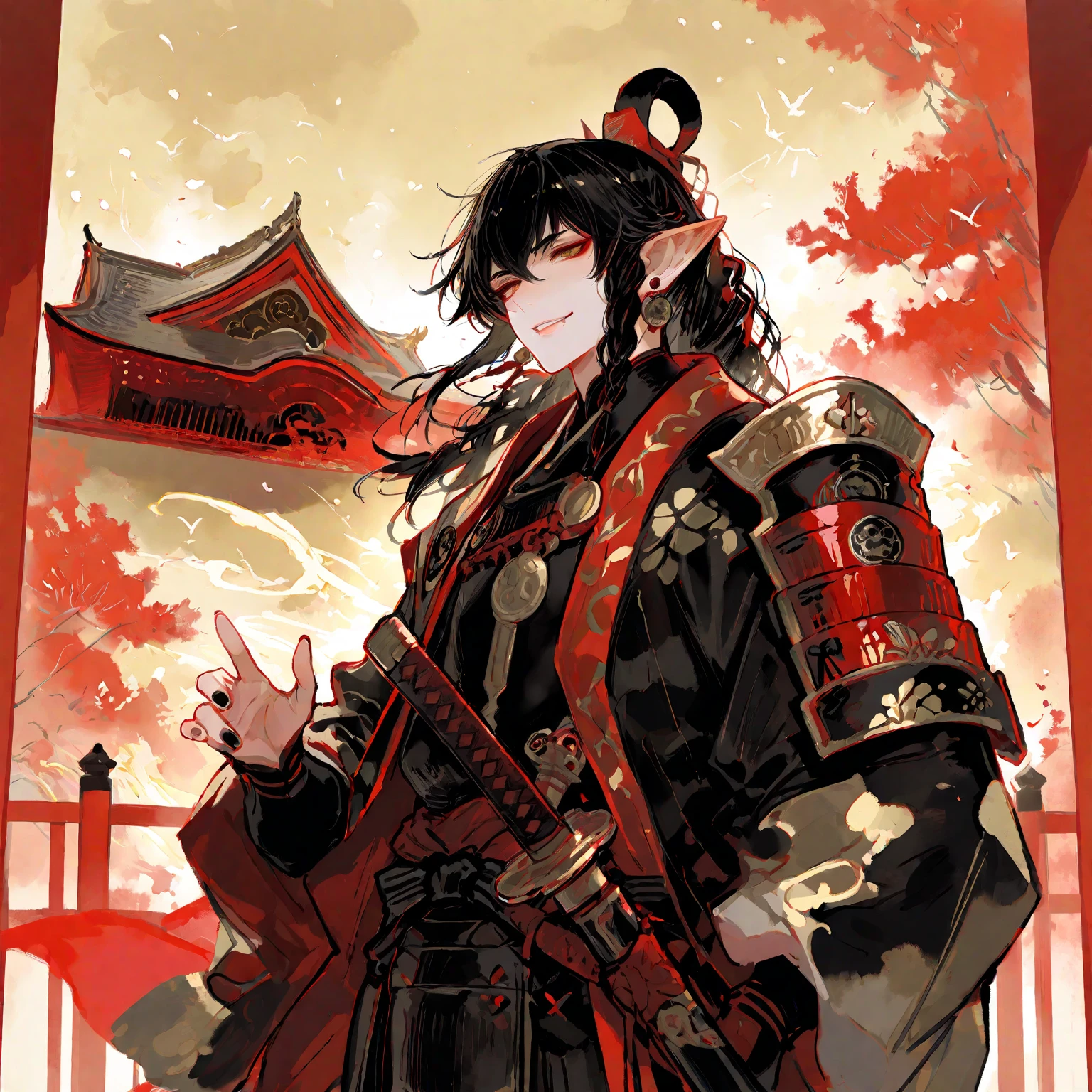 “High resolution, best quality, masterpiece, Ultra Fine, very detailed, beauty. digital art style. he is a handsome young adult male character. he has short black hair and eyes mixed red and gold, he has slightly pointed pixie ears with braided earrings. He is pale、he is tall and has a thin macho physique. he has a challenging smile and peeking just a little bit out of his slightly open lips. his nails are slightly long and have black polish on his hands、his clothes are unique and look like a mix of kimono and Japanese armor. He looks up from his lower back and looks at me at Jin Wang standing It's there. He holds a beautiful Japanese sword. He has a mysterious charm. Japanese-style fantasy with an overall strange atmosphere. The background is a Japanese castle and multiple flags. Focus on the character. he is alone and there are no other characters.”