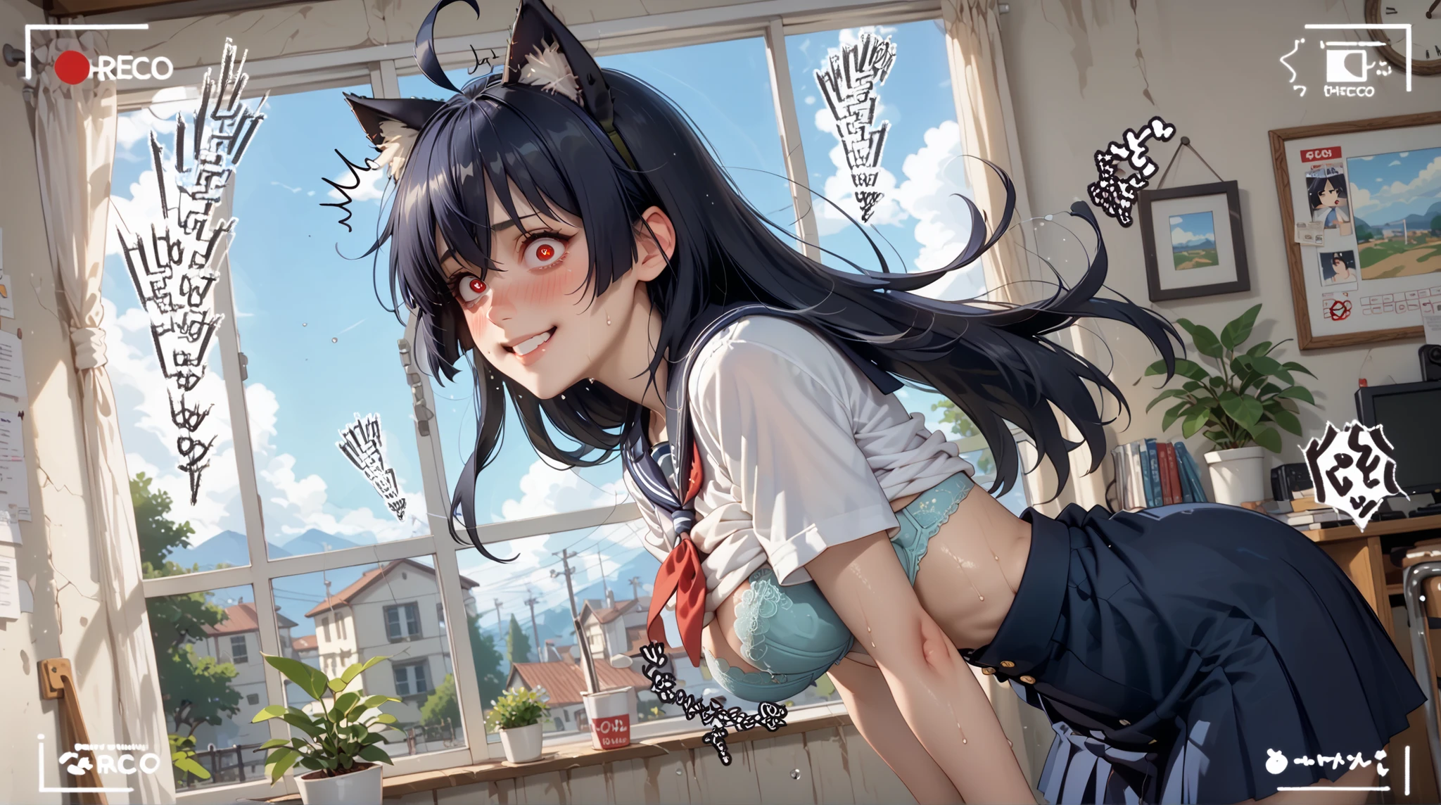 masterpiece, best quality,     a girl    ,Alone, Alone, punctuation_9, punctuation_8_arriba    , punctuation_7_arriba    , anime screencap, BREAK     a girl    , junkotvvxl   , red eyes, black hair, cat ears, blows, hair between eyes, long hair, , (Ahoge), straight bangs, bags under the eyes, white shirt, sailor collar, mangas largas, pleated skirt, blue skirt, socks,(bigs pechos:1.4),(round breasts:1.3),(   beautiful breasts ), busty ,(low waist:1.3),(slender),( curvilíneo ),indoors, School uniform ,looking at the viewer,( I'm surprised to notice this :1.2),(!!), Isn't Noticing , (Nose Blush,embarrassed, soft smile ,Puzzled),breath,(sweat),(bouncing :1.3),( perky breasts :1.2),(dynamic angle), athletic stomach ,(    slender physique    :1.1),((thin body pupils)),( Thin extremities),( I have big breasts and I'm worried ),(Shirt lift up    :1.2),( bra dress :1.2),(big ,big hips,wide hips),slender stomach,(dynamic angle),( desvestirse),(Cross your arms and take off your clothes),side view, VIEWFINDER ,Voyeur,( hidden:1.2),(from side),(Filmed from behind her:1.2),(su side view:1.2),(I'm taking off my skirt and putting on my panties)