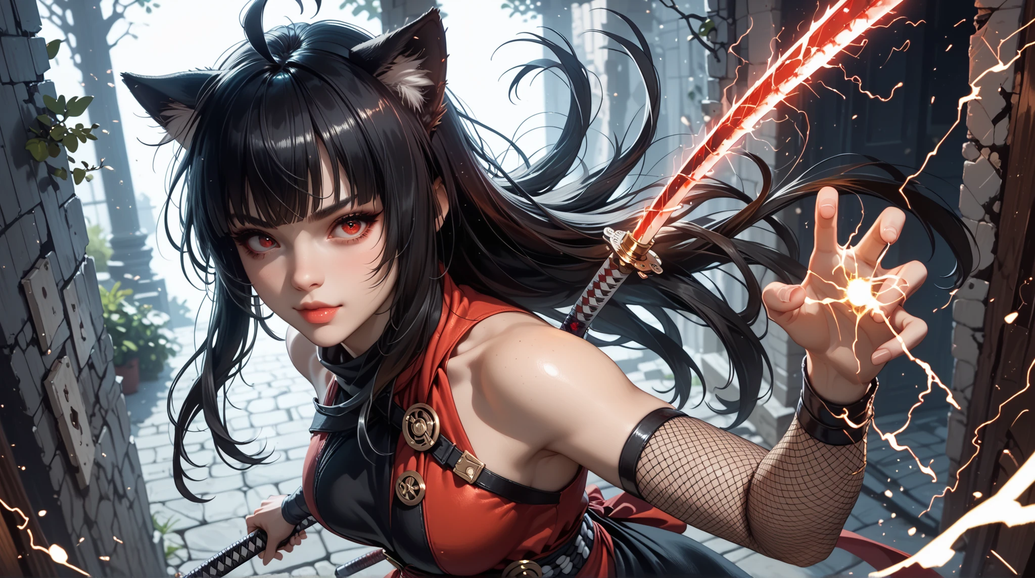 masterpiece, best quality, good quality, very aesthetic, absurdres, newest, 8K, depth of field, focused subject, in the style of cknc, artist:moriimee, in the style of cksc, BREAK side portrait of stunning Chinese ninja woman, long bioluminescent, , cat ears, red eyes, long hair, black hair, (Ahoge), straight bangs,, bare shoulders, glowing hair, bangs, sidelocks, medium perky breasts , ninja outfit, fishnets, holding a katana in a battle-ready stance, dynamic pose, sexy, seductive, dark background, silhouetted, directional lighting, viewed from above