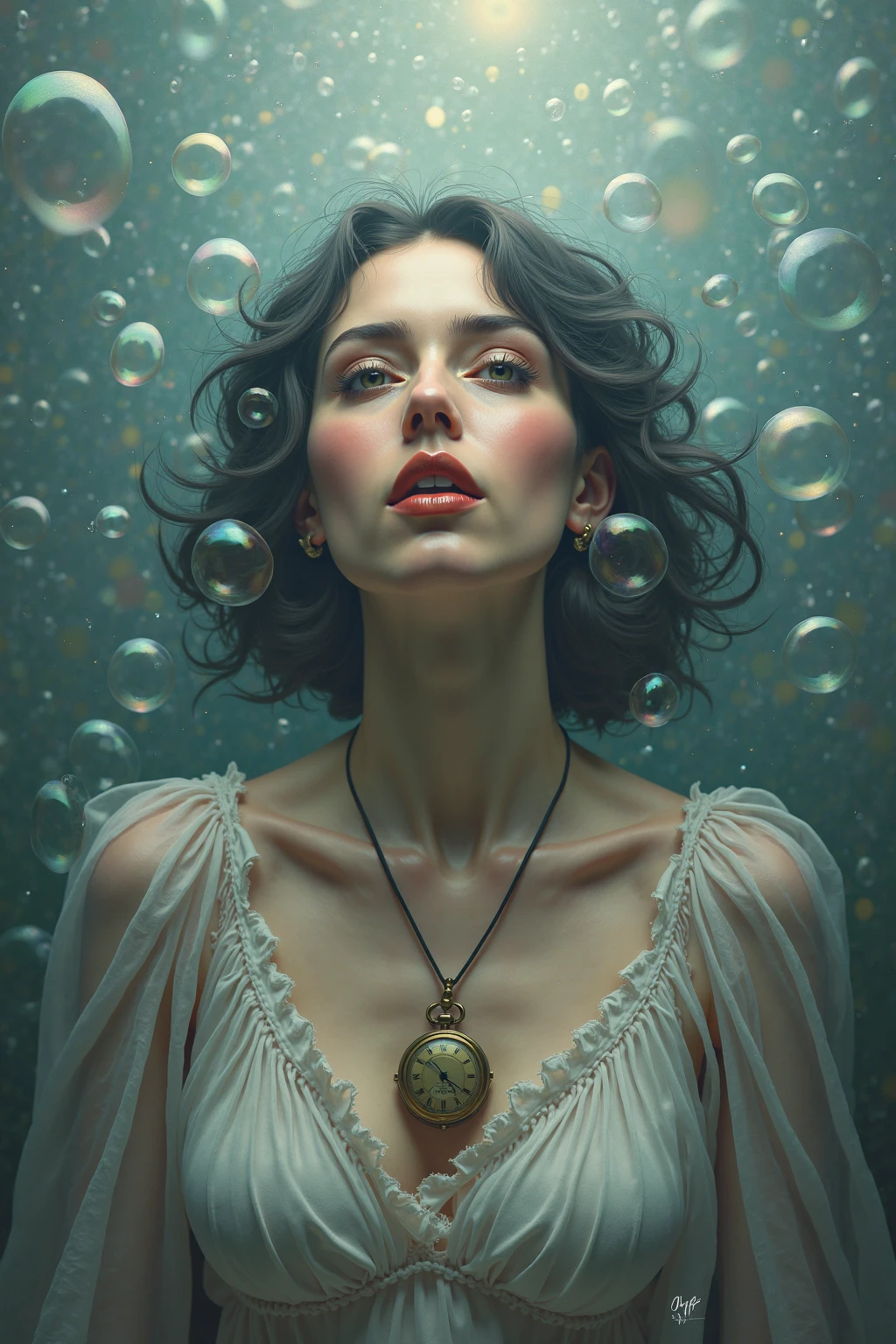 drunken beautiful woman as delirium from sandman, brown hair, (((wet body))) (hallucinating colorful soap bubbles), by jeremy mann, by sandra chevrier, by dave mckean and richard avedon and maciej kuciara, punk rock, tank girl, high detailed, 8k